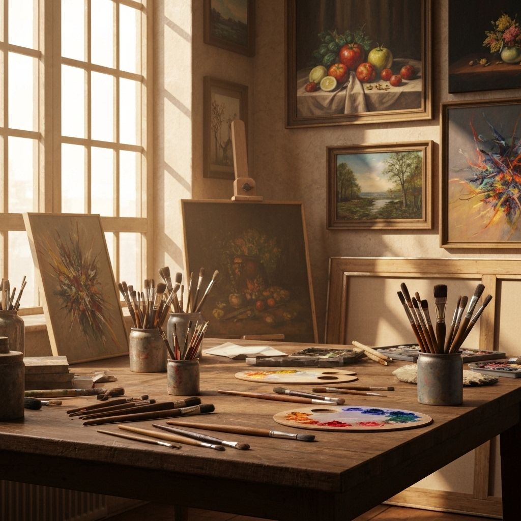 Art studio workspace with paintings